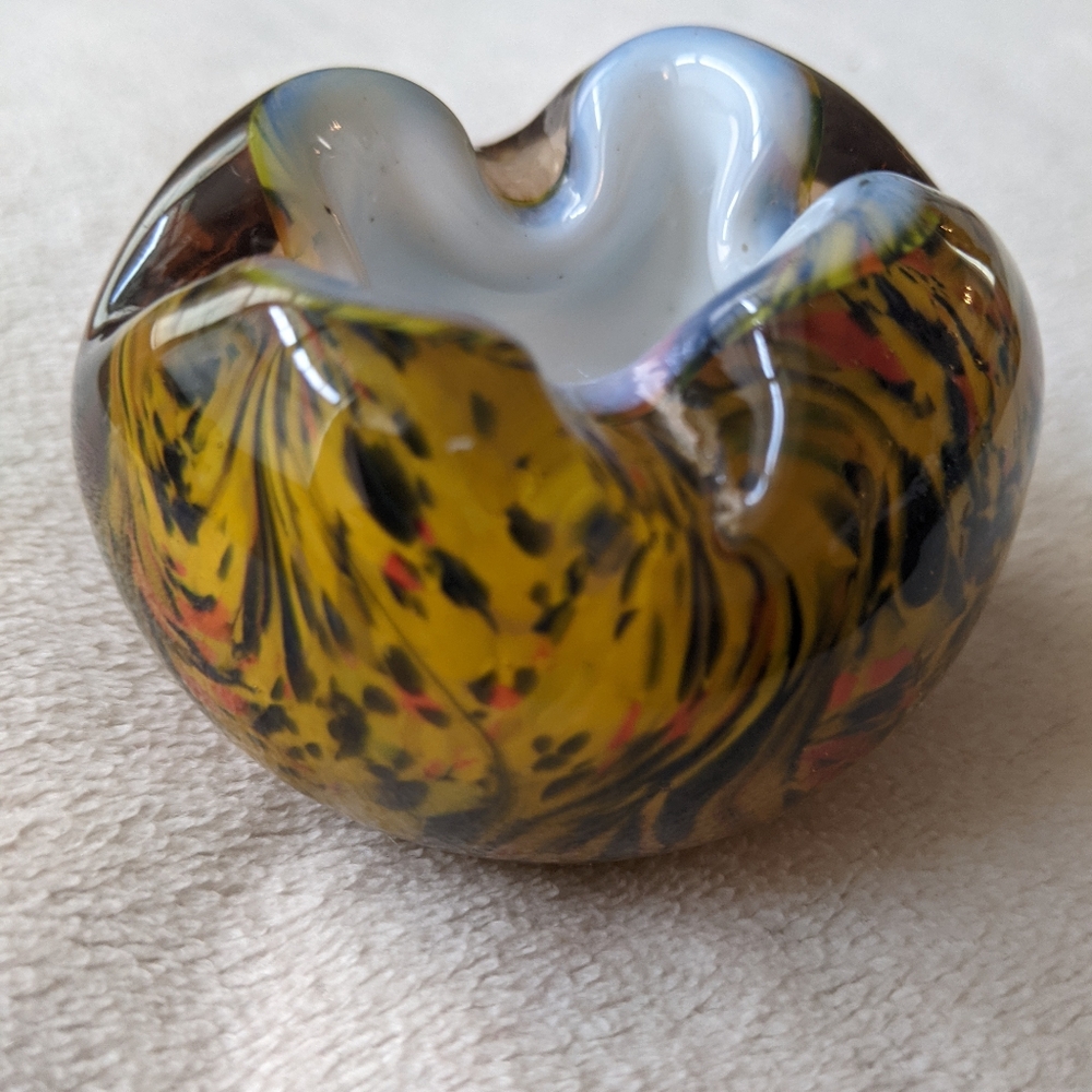 Beautiful 2.5" Orange/ Black Swirl Cased Art Glass Paperweight Crimped Vase
